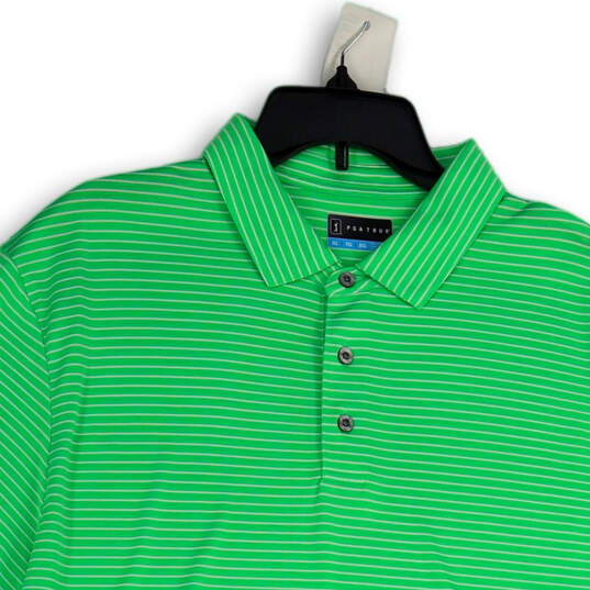 Mens Green White Striped Spread Collar Short Sleeve Polo Shirt Size XL image number 3