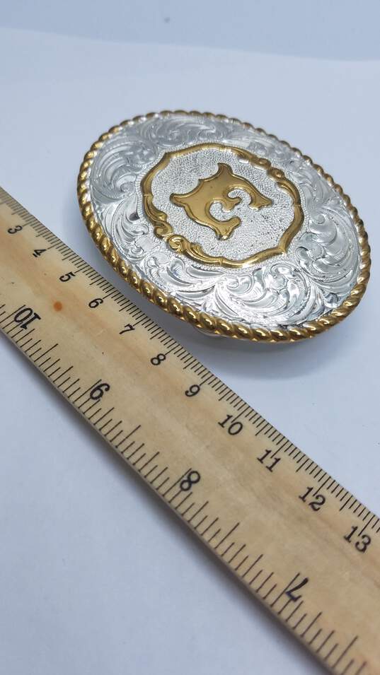 Crumrine Gold And Silver Smith Belt Buckle w / Letter" E" In The Center W/ Case 67.1 image number 6