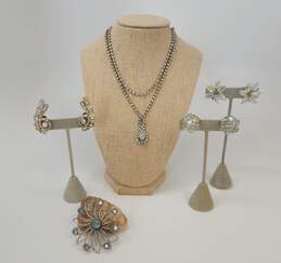 Vintage Icy Rhinestone & Aurora Borealis Silver Tone Clip-On Earrings Necklaces & Brooch 79.5g