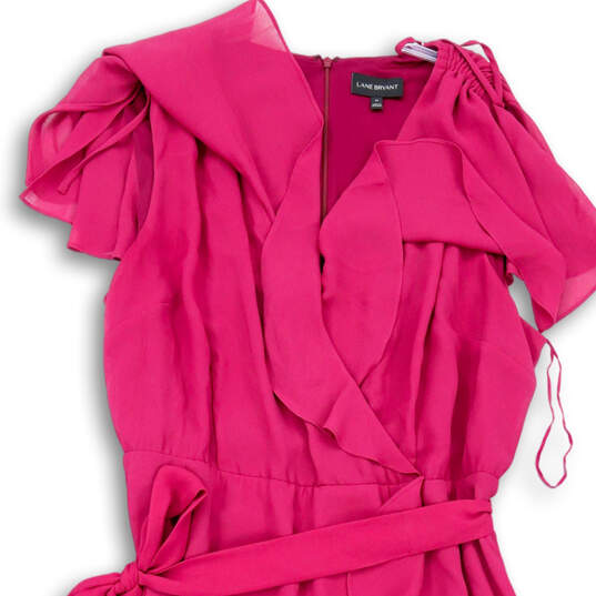 Womens Pink V-Neck Belted Ruffle Short Sleeve Back Zip A-Line Dress Size 24 image number 3
