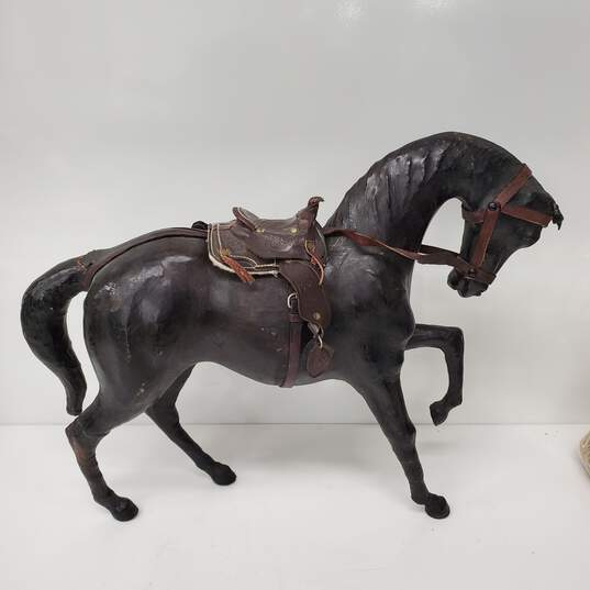 VTG Leather Wrapped Statue Figure w Saddle & Stirrup Dark Brown Horse 16 x 19 image number 1