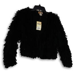 NWT Womens Black Faux Fur Long Sleeve Open Front Cardigan Sweater Size S