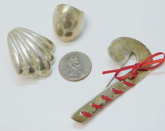 Artisan & Mexico 925 Modernist Puffed Shell Drop Post Earrings Chunky Dome Band Ring & Red String Candy Cane Brooch 27.2g image number 4