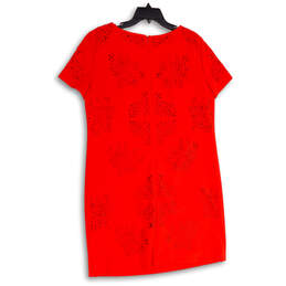 Womens Red Floral Eyelet Round Neck Short Sleeve Back Zip Shift Dress Sz 12 alternative image