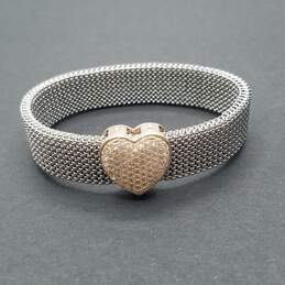 DQ CZ Sterling Cubic Zirconia Heart Charm Expandable Mesh 2 1/2" Bracelet 28.1g