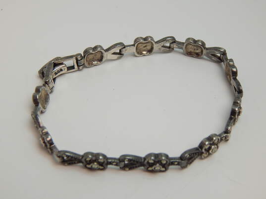 Romantic 925 Marcasite Cross Pendant Necklace Faux Pearl Curved & Drop Earrings Onyx & Enamel Rings Art Deco Flower Brooch & Bracelet 53.2g image number 4