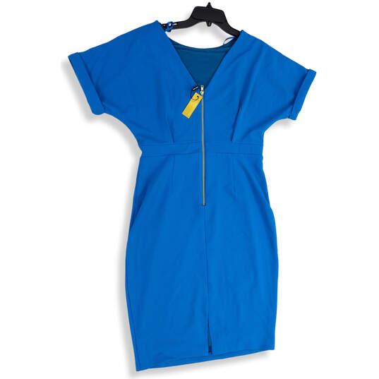NWT Womens Blue Short Sleeve Round Neck Back Zip Sheath Dress Size Large image number 2
