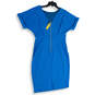 NWT Womens Blue Short Sleeve Round Neck Back Zip Sheath Dress Size Large image number 2