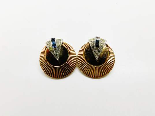 Vintage Boucher Two Tone Blue Clear Rhinestones Ridged Disc Clip On Earrings image number 1