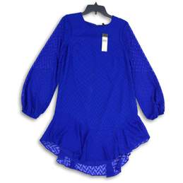 NWT Womens Blue Long Sleeve Keyhole Back Ruffled Hem Shift Dress Size S