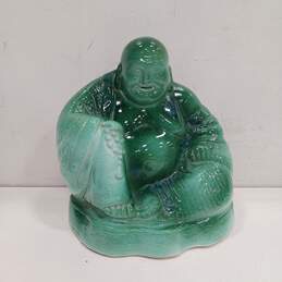 Vintage Ceramic Green Glazed Seated Happy Buddha Statue 9"