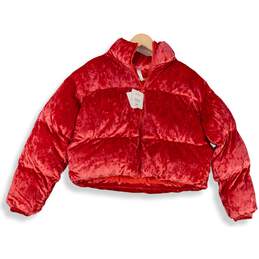 NWT Womens Red Velour Long Sleeve Cropped Puffer Jacket Size Medium