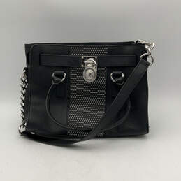 Womens Black Silver Leather Double Handle Bottom Stud Satchel Handbag