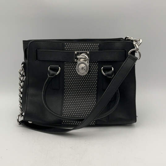 Womens Black Silver Leather Double Handle Bottom Stud Satchel Handbag image number 1