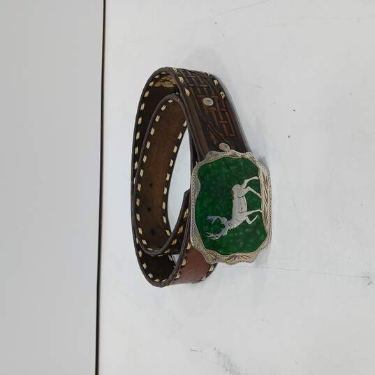 Tooled Leather Brown Belt with JH Deer Buckle image number 1