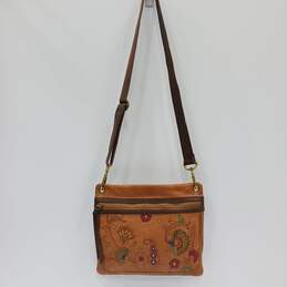 Fossil Brown Tooled Leather Floral Boho Crossbody Shoulder Bag Purse