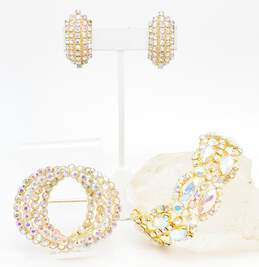 Vintage Goldtone Icy Aurora Borealis Rhinestone Curved Clip On Earrings Wide Bracelet & Interlocking Circles Brooch 76.7g