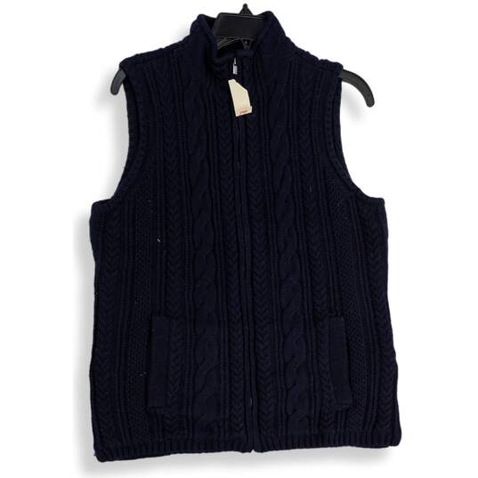 NWT Talbots Womens Navy Cable Knit Mock Neck Sleeveless Full Zip Sweater Size X image number 1