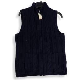 NWT Talbots Womens Navy Cable Knit Mock Neck Sleeveless Full Zip Sweater Size X