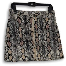 Womens Gray Taupe Snakeskin Print Front Zip A-Line Skirt Size Large