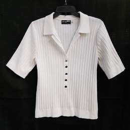 Womens White Collared Short Sleeve Half Placket Pullover Sweater Size Small