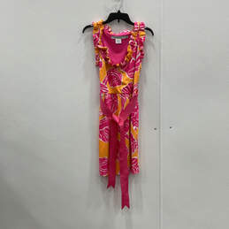 Womens Pink Orange Floral Ruffle Round Neck Sleeveless Shift Dress Size M