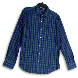 Mens Blue Green Plaid Long Sleeve Spread Collar Button-Up Shirt Size Medium
