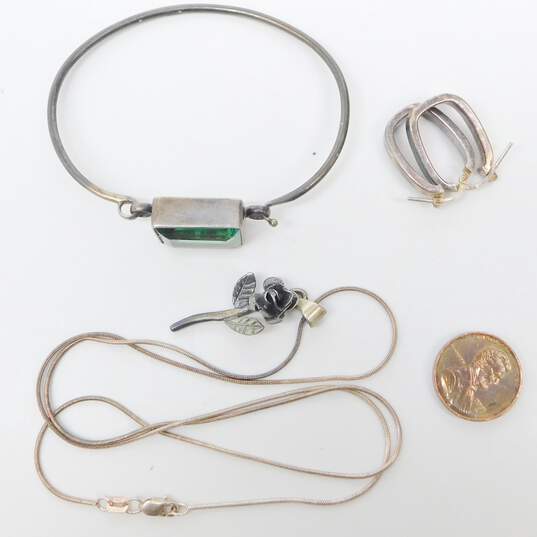 Artisan 925 Green Glass Bracelet, Floral Pendant Necklace & Hoop Earrings 23.3g image number 7