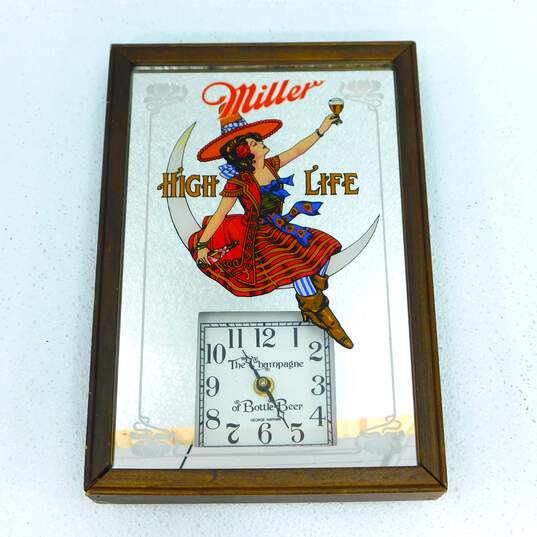 Vintage Miller High Life Girl In The Moon Mirror Clock Advertising Bar Sign image number 4