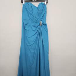 Blue Strapless Long Crepe Dress With Rhinestone