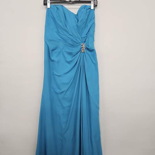 Blue Strapless Long Crepe Dress With Rhinestone image number 1