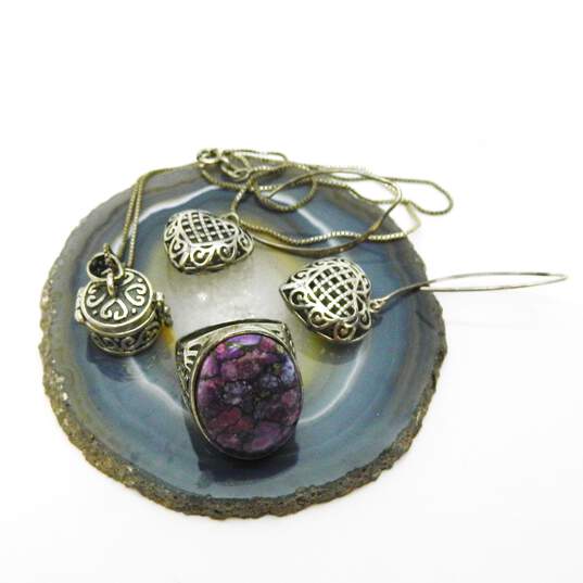 Artisan 925 Scrolled Box Pendant Necklace Puffed Open Latticed Heart Drop Earrings & Faux Purple Mojave Turquoise Ring 22.1g image number 5