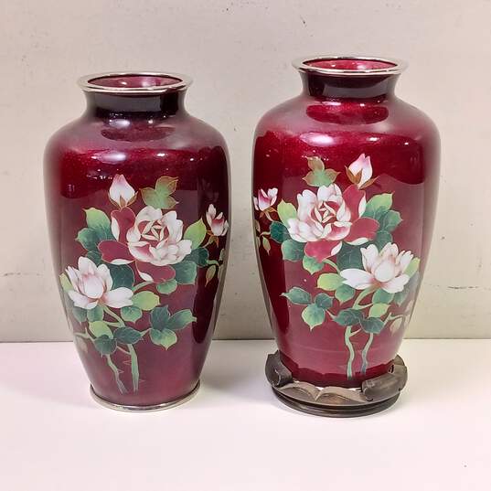 Vintage Japanese Cloisonne Vases Pair Ginbari Pigeon Blood Enamel Roses image number 1