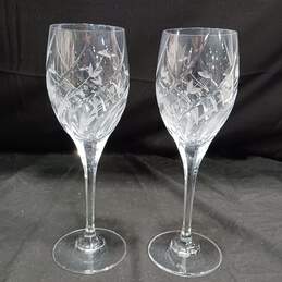 2pc. Set of Floral Clear Crystal Engraved Floral Wine Glasses