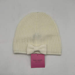 NWT Womens White Wool Knitted Ribbed Classic Bow Beanie Hat One Size