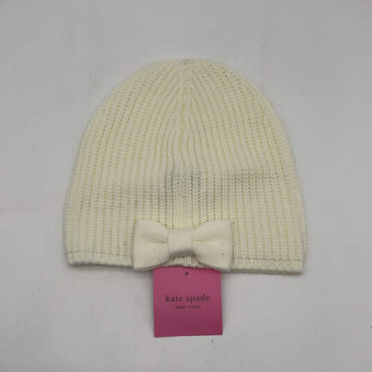 NWT Womens White Wool Knitted Ribbed Classic Bow Beanie Hat One Size image number 1
