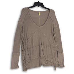 Womens Taupe Long Sleeve V-Neck Pullover Blouse Top Size Medium