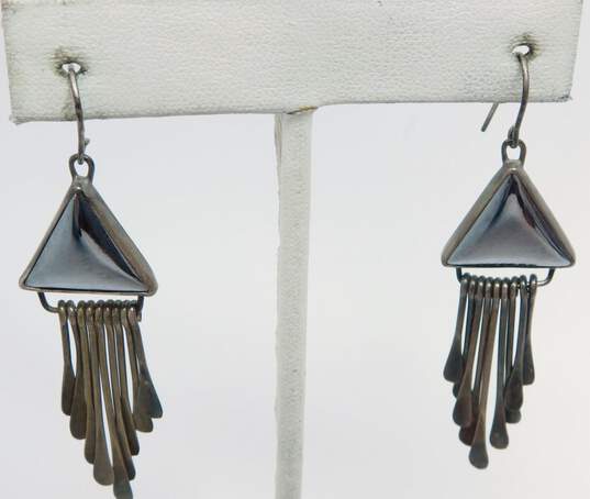 Signed J Hayes 925 Hematite Triangle Cabochon Flat Tassels Drop Earrings 7.6g image number 1