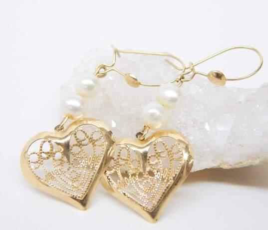 14K Yellow Gold Filigree Heart Pearl Earrings 1.5g image number 4
