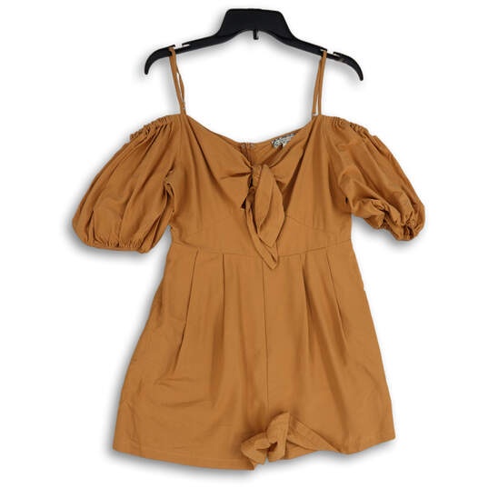 Womens Orange Puff Sleeve Front Knot Back Zip One-Piece Romper Size L image number 1