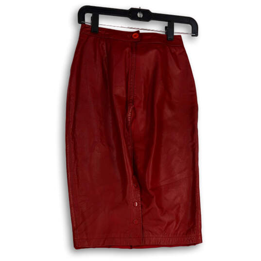 Womens Red Leather Pleated Knee Length Straight & Pencil Skirt Size 6 image number 1