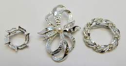 Vintage Gerry's Silver Tone Faux Pearl & Rhinestone Wreath & Bow Brooches 34.1g