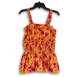 Womens Orange Floral Pleated Wide Strap Pullover Camisole Top Size M