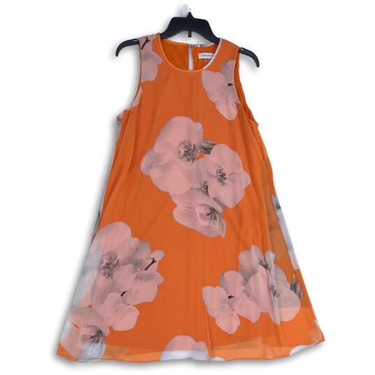 Calvin Klein Womens Orange Pink Floral Round Neck Sleeveless A-Line Dress Sz 12 image number 1