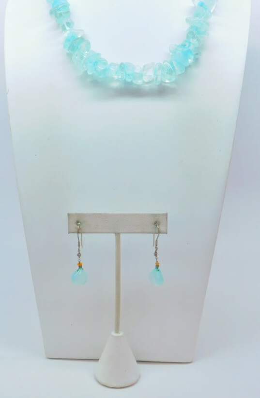 Artisan 925 Dyed Blue Quartz Beaded Necklace & Chalcedony & Agate Drop Earrings 106.5g image number 1