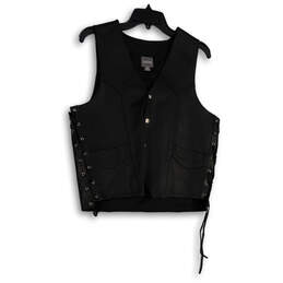 Mens Black Leather V-Neck Side Lace Snap Front Motorcycle Vest Size Medium