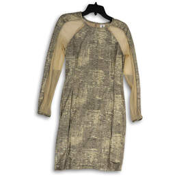 Womens Gold Long Raglan Sleeve Round Neck Back Zip Bodycon Dress Size 8