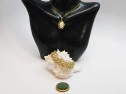 Vintage Gold Filled Nephrite Brooch Carved Cameo Necklace & Chain Bracelet 30.2g