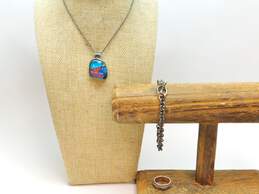 Rustic 925 Colorful Dichroic Glass Pendant Necklace Cable Chain Toggle Bracelet & Patterned Spinner Band Ring 32g