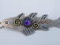 Southwestern Signed 925 Copper & Brass Amethyst Fish Pendant Brooch Necklace 8.3g image number 3